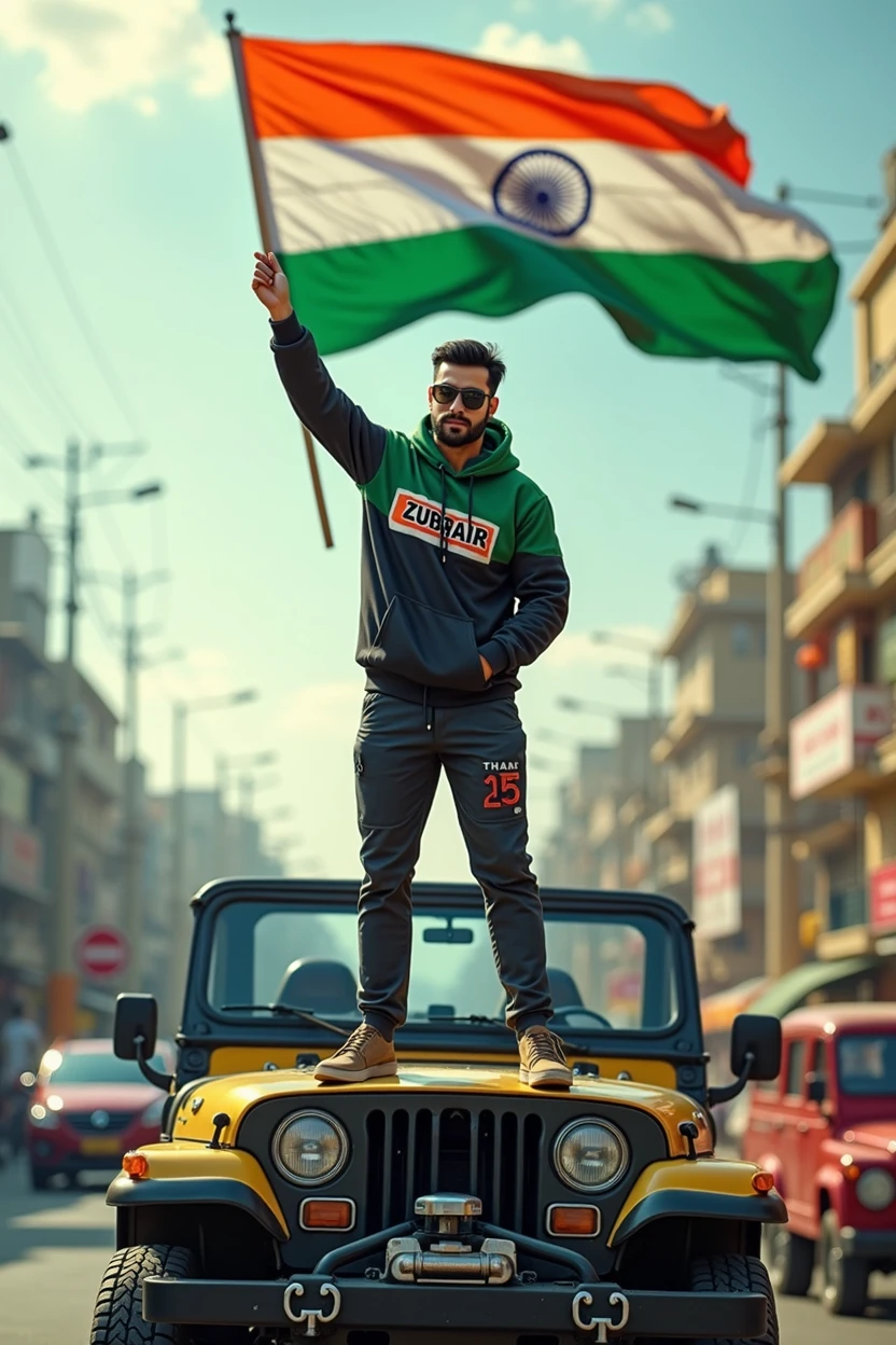  “Realistic image of an Indian city road in the background. A beautiful young man stands through the hood of a Thar Jeep, holding a 15 August Indian flag. He is dressed in a 15 August-themed hoodie and pants with ‘ZUBAIR’ printed on the hoodie, wearing black sunglasses. The scene is vibrant and patriotic, capturing the essence of India’s Independence Day.”