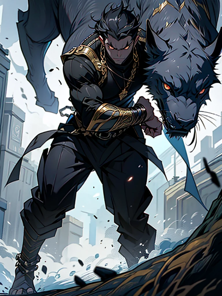 vampyre. Tall strong and muscular. A noble warrior. He has metal bracelets that are used for battle and a light outfit made of soft, black fabric that makes it difficult for enemies to see his movements.. blackquality hair, Black as the purest darkness. And golden eyes, shiny, eye-catching capable of differentiating it from any other. work of art. standing alone. high qualiy.