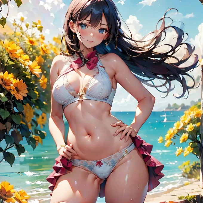 1girl, 独奏, ass pov, masterpiece, best quality, absurdres, long hair, (shiny skin: 1.2), close up nether region, sunshine, summer Please draw a stylish girl in costume. Express the relaxed summer vibe with clear skies and gentle waves on the beach in the background, She is wearing a floral lace underwear, Bend forward and put your hands on your hips, sunburn, show off underwear,Realistic Flesh,Glamorous Body,Saggy breasts,Plump thighs,Dynamic Angle,