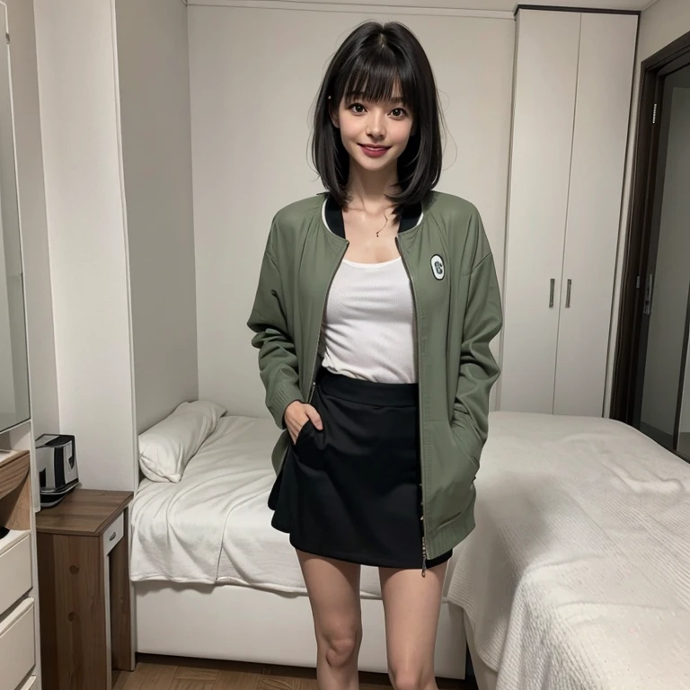 Masterpiece、8k、Very realistic、Japanese、One person、woman、Skinny athletic model body、Flat Chest、tall、whole body、50 years old、(Hairstyle:Bangs(1.6))、In your room at home、The best smile、clothing:Wearing a green jacket over a black camisole and a skirt that is shorter than a miniskirt、