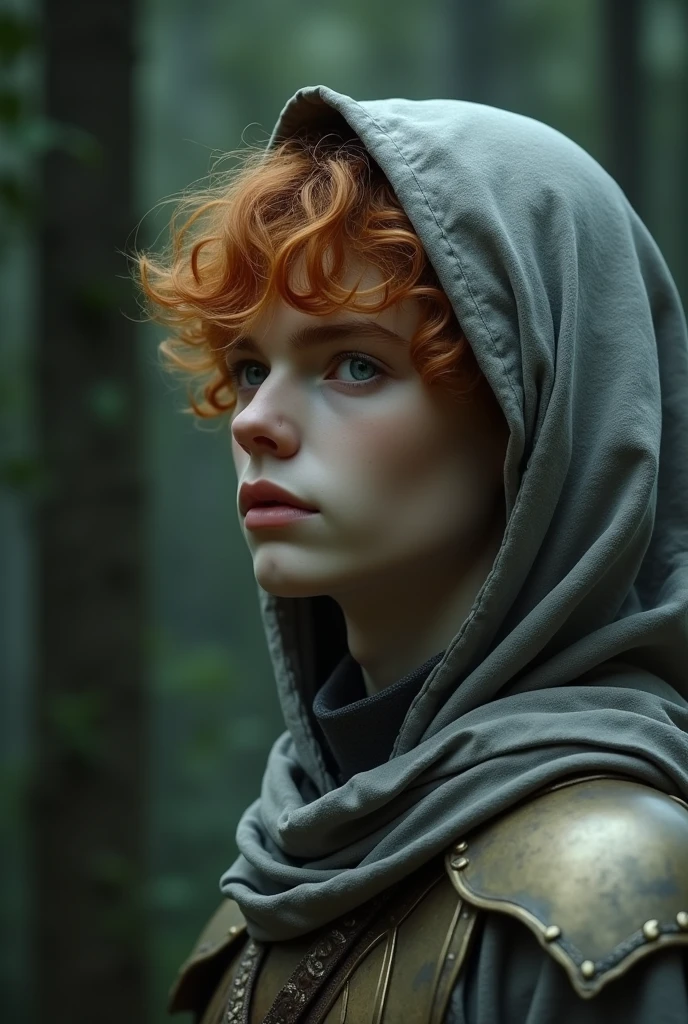 young man, nineteen years old. Porcelain skin, angelic face. Eyes big and bright, gray like clouds. dull orange wavy hair. oval face. Straight and small nose. thick lips. Defined eyebrows. looking to the side. He wears silk cloth and bronze armor. He is in a dark forest. worn gray cape covers his head. rounded chin. smooth profile.