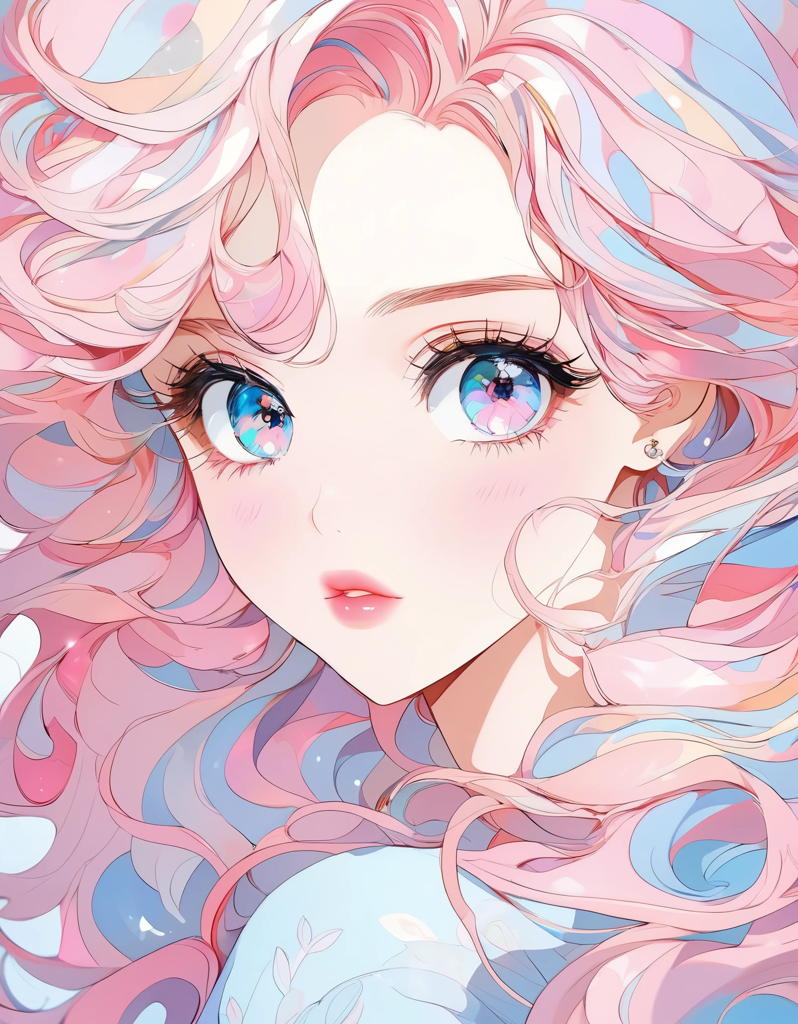 best quality, cute, , shiny eyes, gorgeous, colorful eyes, colorful hair, pastel, pink pastel lips, detailed skin, detailed eyes, detailed hair