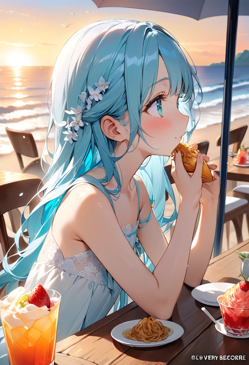 masterpiece, best quality, extremely detailed, (illustration, official art:1.1), 1 girl ,(((( light blue long hair)))), ,(((( light blue long hair)))),light blue hair, , long hair ((blush)) , cute face, big eyes, masterpiece, best quality,(((((a very delicate and beautiful girl))))),Amazing,beautiful detailed eyes,blunt bangs((((little delicate girl)))),tareme(true beautiful:1.2), sense of depth,dynamic angle,,,, affectionate smile, (true beautiful:1.2),,(tiny 1girl model:1.2),)(flat chest)、Seaside, blue eyes, Seaside café at sunset、White dress, Cafe, Profile, Beach,Beach parasol, Relax, tropical juice, aquamarine hair, water drop、There is fried noodles on the table、、Eating strawberry shaved ice with relish、A cafe decorated with lots of orchid flowers、