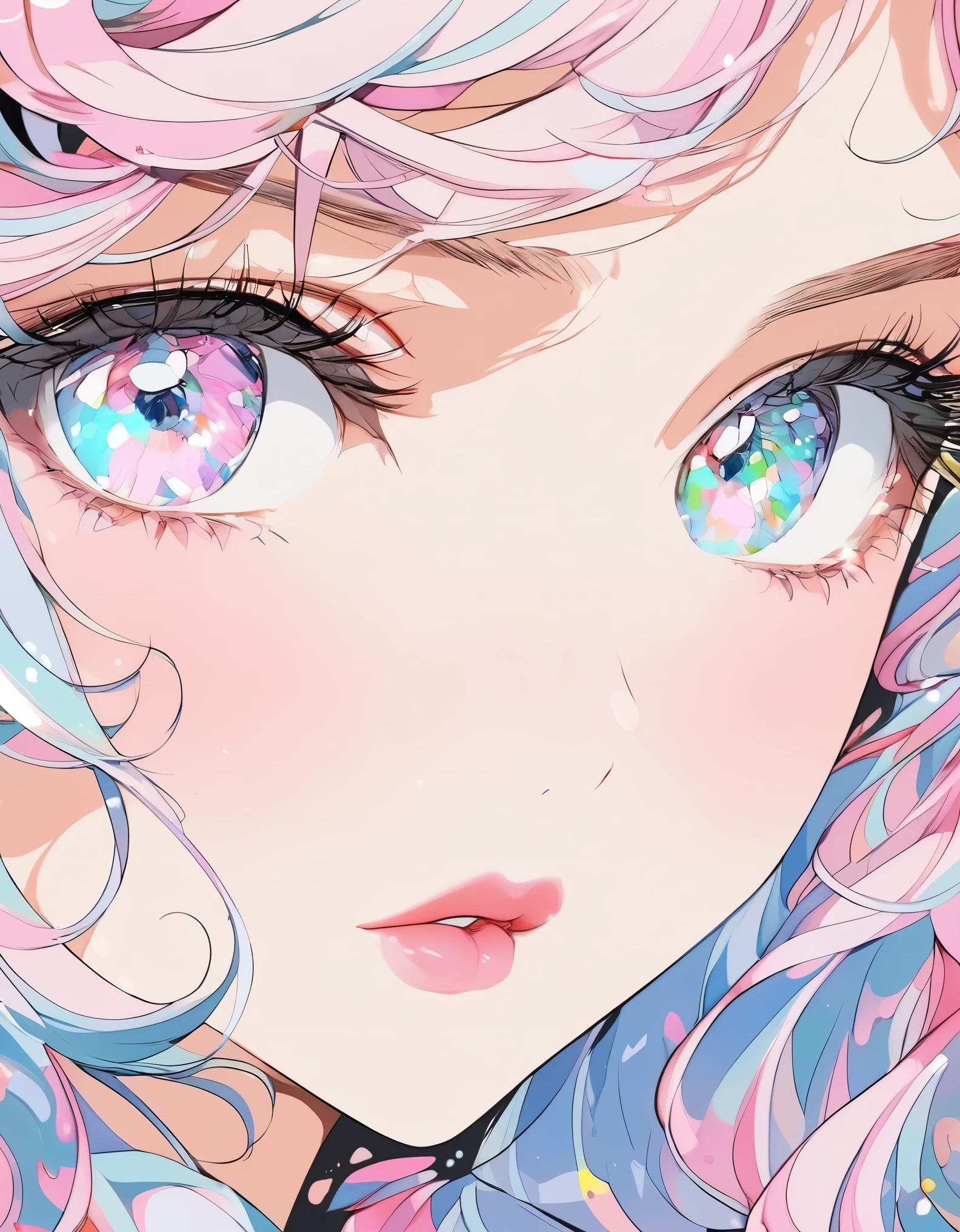 best quality, cute, , shiny eyes, gorgeous, colorful eyes, colorful hair, pastel, pink pastel lips, detailed skin, detailed eyes, detailed hair