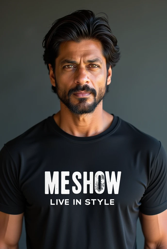 Shahrukh Khan wearing t-shirts brand called ME SHOW TAG LINE LIVE IN STYLE