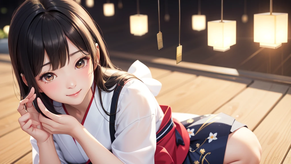 A young woman smiling and holding a black credit card between her fingers。Her face is illuminated by a soft light、Smooth skin and natural beauty stand out。Her hair spreads out in gentle waves、The expression is calm and peaceful.。The scene captures the delicate details of her face and the softness of her surroundings.。Anime Visual, Anime Moe Art Style, Cute anime, 素敵な浴衣を着たCute anime, Realistic Anime 3D Style, In a yukata, Smooth anime CG art, Beautiful anime character crouching
