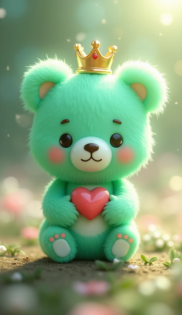 Close up of a keychain green cartoon bear，There is a heart in the chest, Lovely and detailed digital art, Popular on artstation pixiv, Beautiful and lovely lighting, Detailed fan art, Beautiful animal pearl queen, Cute digital art, Digital Art on Pixiv, Lovely detailed artwork, [ Tarot ]!!!!!, Dreamy and detailed, official art works, Profile picture 1024px，crystal