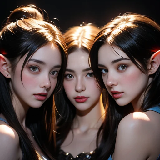 (((masterpiece))), best quality, hyper detailed gouache style painting portrait of a group of beautiful female elves, smooth shadows, hyper realistic textures, 8k, best quality, realistic cartoony features, stylized illustration, smooth shadows, correct anathomy, chromatic aberration, neon highlights, global warm lights, dynamic poses, expressive facial expressions.