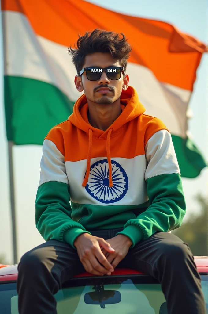 14TH PROMPT :- Create a realistic photo of a 16 year old boy sitting on the car, wearing a indian flag color hoodie, sunglasses with the name ‘MANISH’ printed across it. The background features a Indian flag fluttering in the wind.”