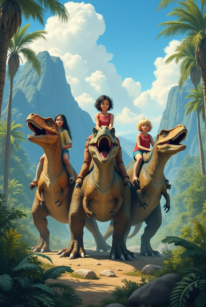 create an image representing the Earth's relief during the Jurassic period (ferns, gymnosperms, vast forests and gymnosperms) and place three dinosaurs with a girl with straight black hair sitting on top of one, a girl with straight blonde hair on top of another, a girl with curly blonde hair on top of another