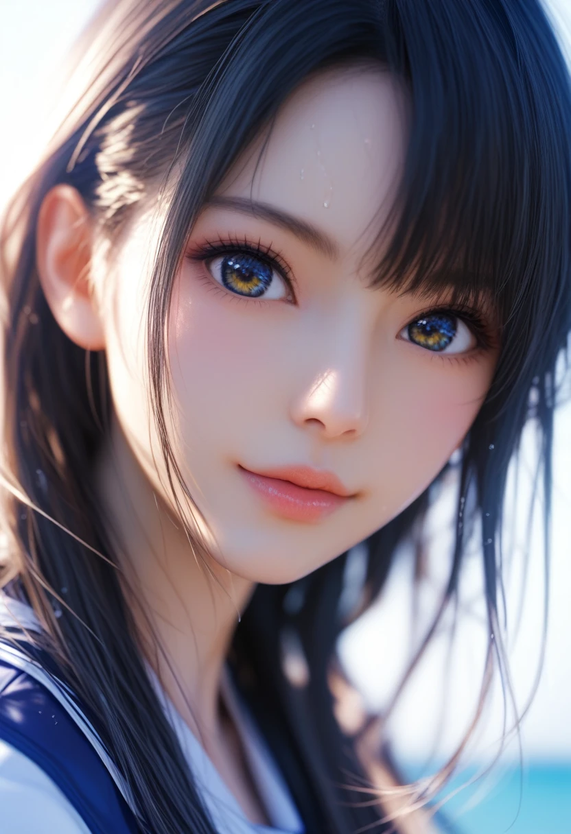Close-up details, realistic style photo Japanese young woman, black hair, long hair, outstanding style, tall, cute, in her teens. Use soft lighting to cast gentle shadows on the subject, adding a touch of dimension to your images without compromising details, score_9, score_8_up, score_7_up, Highest quality, masterpiece, 超High resolution, (Realistic:1.5), RAW Photos,masterpiece, Highest quality, Very detailedな, masterpiece, super high quality、run-6500-v1.1, (RAW Photos:1.2), (Realistic), Cute detailed, Very detailed目と顔, Beautiful and beautiful eyes, Large file size, High resolution, Very detailed, Highest quality, [masterpiece:1.6], Raise awareness, Very detailed, CG, finely, Highest quality, 8k wallpaper, Cinema Lighting, 1 person, 10 years old, Perfect figure, Large and firm breasts、【Huge 、Heavy chest】、Cute droopy eyes、Beautiful big eyes、Sweaty and wet、【sexual excitement:1.6】、(My whole body is wet:1.2)、short hair、(Japanese School Swimsuit、Navy blue one-piece swimsuit、Navy blue Japanese student swimsuit:1.3)、Pool、Dynamic pose、Huge Rim Figure