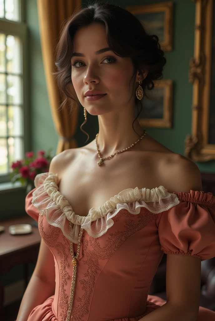 Beautiful latina woman perfect body short brunette hair,  dressed in elegant victorian era 19th century American colorful conservative formal studio lighting,  beautiful outdoor background 
