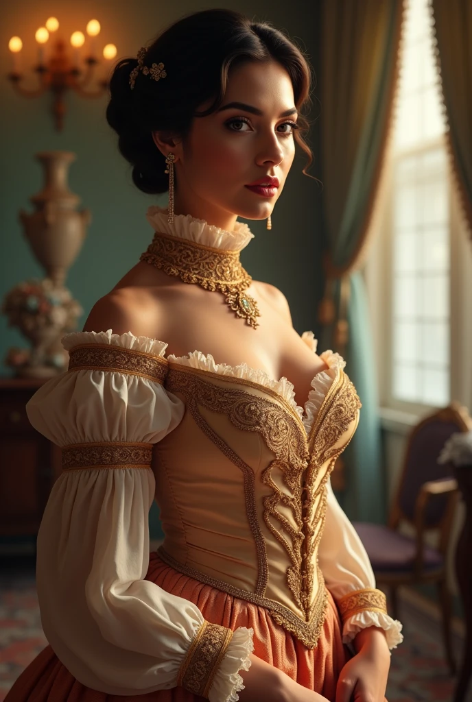 Beautiful latina woman perfect body short brunette hair,  dressed in elegant victorian era 19th century American colorful conservative formal studio lighting,  beautiful outdoor background 