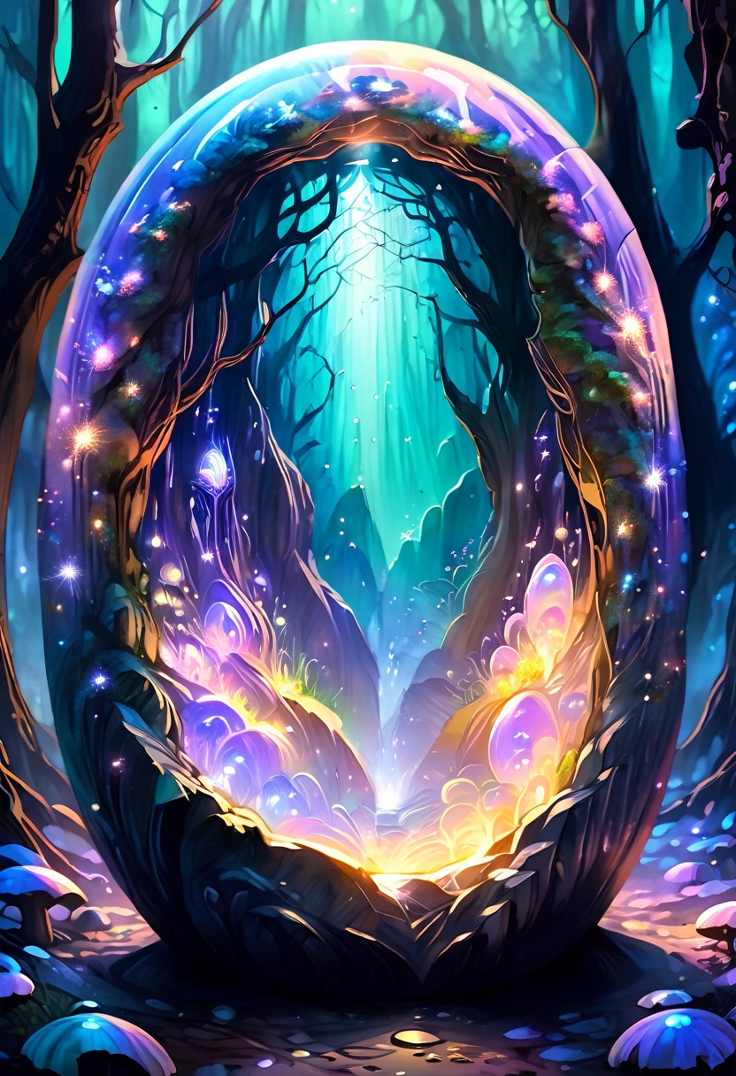 Midjourney, MJ, Midjourney style, Pastel, drawing with dry chalkposter, Horror-themed a tiny micro universe inside an opal marble, here's a brand new image generation prompt: a mystical forest unfolds before us, where towering trees with iridescent bark seem to absorb and reflect the soft light of luminescent mushrooms growing at their bases. the air is thick with an otherworldly energy that crackles with ancient magic. amidst this enchanted landscape, a figure emerges from the shadows: a being with skin like polished obsidian, adorned in a flowing cloak that shimmers with tiny, glittering stars. their eyes burn with an inner light as they walk towards us, their very presence seeming to awaken the forest's secrets and draw forth hidden powers from the trees themselves., tiny unexplored ecosystem, sparks,