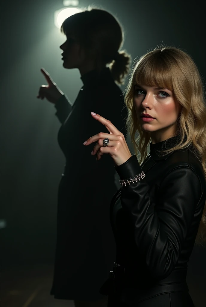 Taylor swift, hand pointed at a silouette in the dark