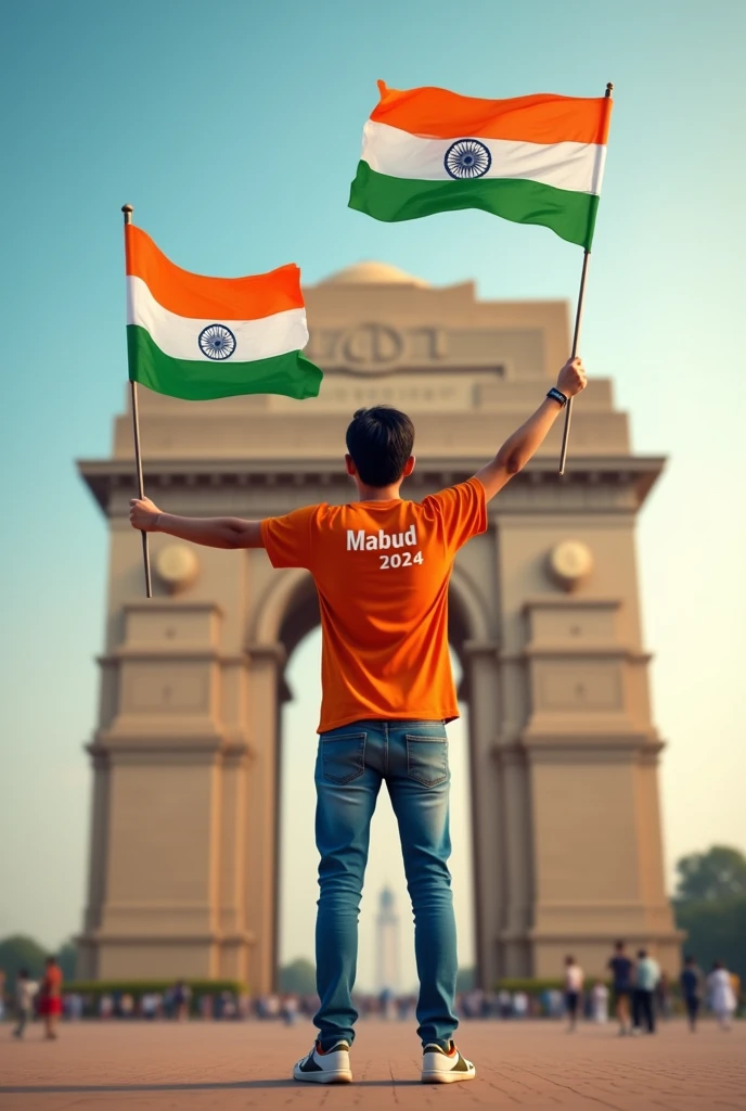 A real 20 years old boy, Wearing Orange T shirt blue jeans sneakers and the name "Mabud" is written on his t-shirt and the boy is standing on the road with holding a national flag of India, and behind him is the India gate Delhi. And "Happy Independence Day 2024" written at above sky Create Realistic image high quality.