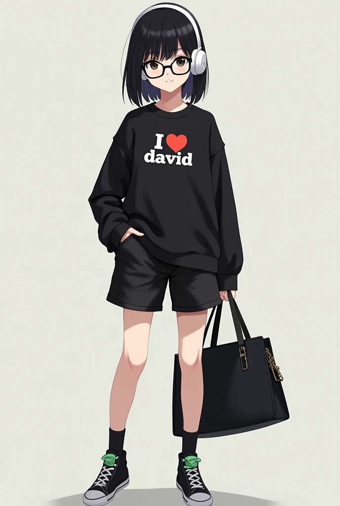 Personaje femenino con cabello negro liso audífonos blancos ojos chinos negro piel blanca lentes negros camisa negra que diga I ❤️ david , black and green plush white tennis shoes and black socks and black shorts