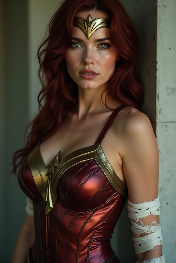 Scarlett Johansson, (bandage:1.3), (bdsm:1.1), beautiful body, beautiful breasts, shorts, burgundy hair, cosplay Wonder Woman, shot on dslr, detailed face, cinematography, maximum details, neutral colors, hdr, muted colors, soft cinematic light, insane details, intricate details, hyperdetailed, masterpiece, 8k, wallpaper, (detailed), high quality, ((high detailed skin, skin details)), sharp focus, 8k uhd, dslr, film grain