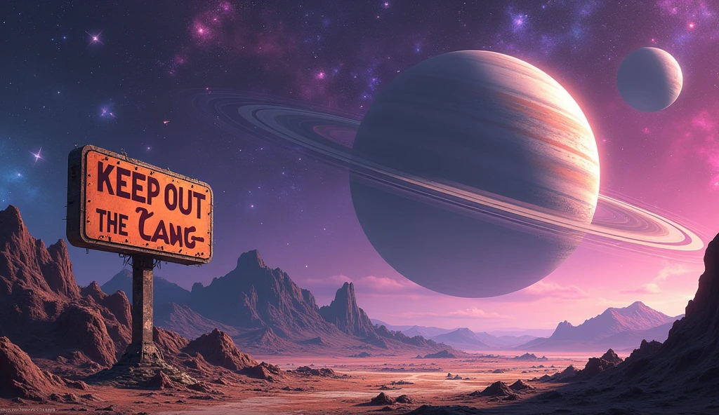 view of a planet in deep space, with stars of different colors, and 2 big planets with rings and moons in the back. the space has some bright colors, purple and pink. on the planet there is a large abandoned space station and a brown-orange sign outside it that writes with a red font "KEEP OUT THE C LANG", anime style