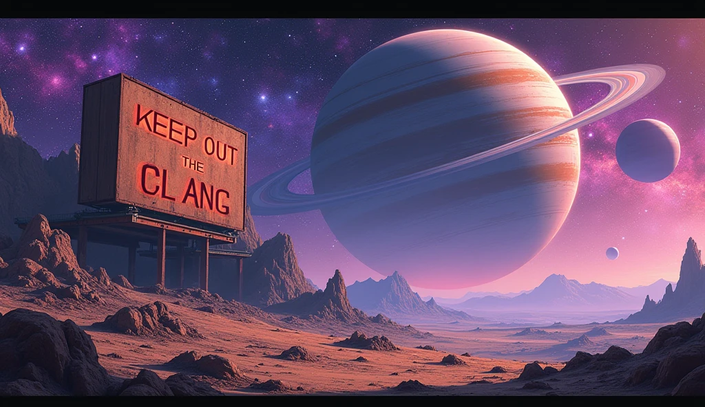view of a planet in deep space, with stars of different colors, and 2 big planets with rings and moons in the back. the space has some bright colors, purple and pink. on the planet there is a large abandoned space station and a brown-orange sign outside it that writes with a red font "KEEP OUT THE C LANG", anime style