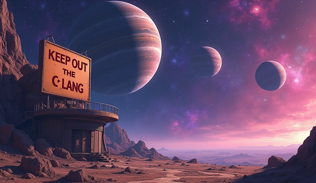view of a planet in deep space, with stars of different colors, and 2 big planets with rings and moons in the back. the space has some bright colors, purple and pink. on the planet there is a large abandoned space station and a brown-orange sign outside it that writes with a red font "KEEP OUT THE C LANG", anime style