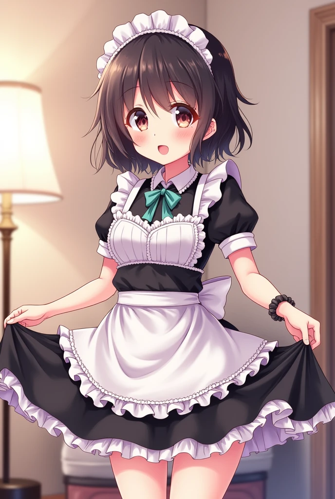 1girl,solo,yuuki mikan,, ,brown hair,, ,1girl,garden,(((maid costume))),small breasts breasts,miniskirt,blush,open mouth,(((trembling)))