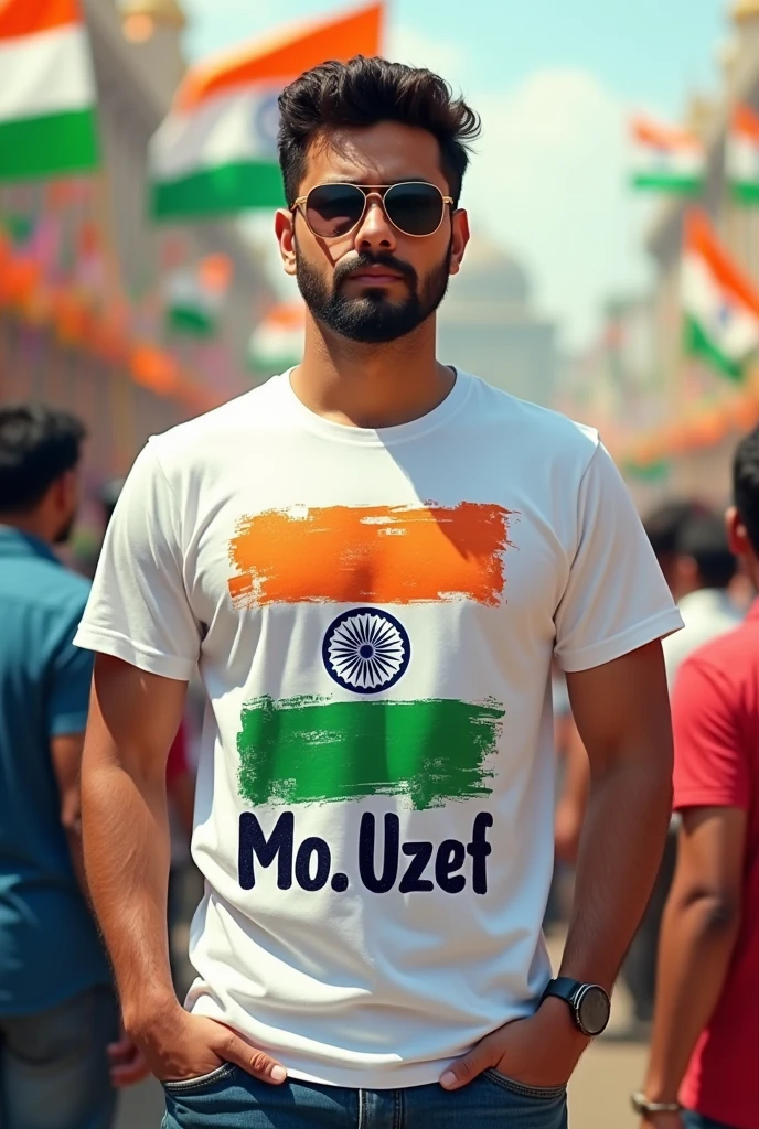 Creat a image of independence day ,
White t shirt print in Indian flag name mo. Uzef