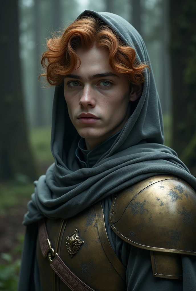 young man, nineteen years old. Porcelain skin, angelic face. Eyes big and bright, gray like clouds. dull orange wavy hair. oval face. Straight and small nose. thick lips. Defined eyebrows. looking to the side. He wears silk cloth and bronze armor. He is in a dark forest. worn gray cape covers his head. rounded chin. smooth profile.