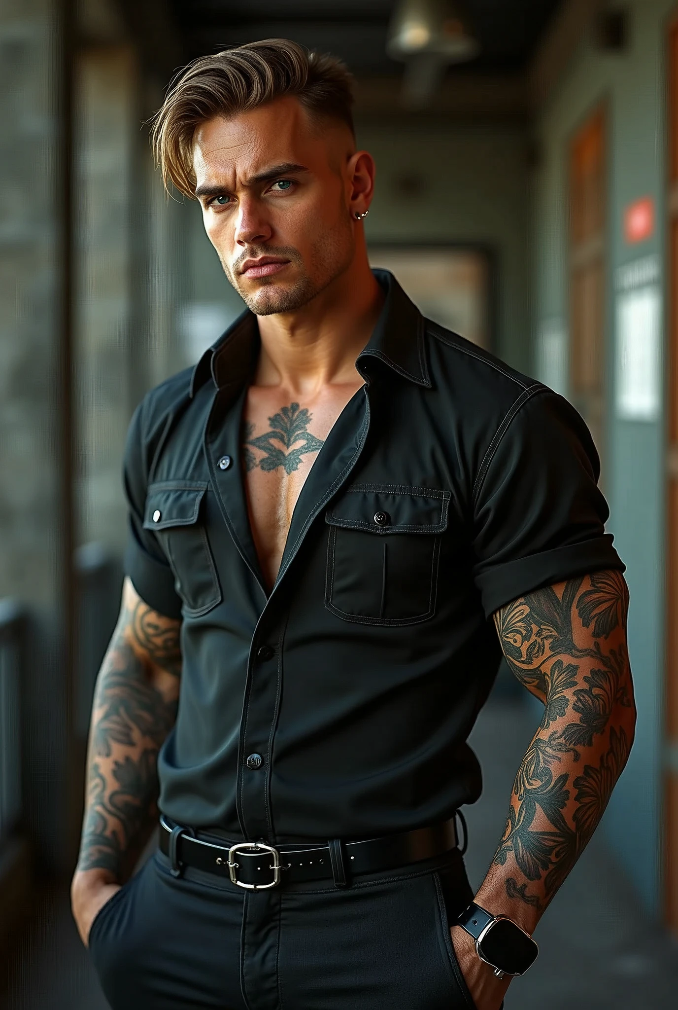 Create a guy in his 30s with Russian and Italian features, Let his eyes be blue, medium light brown hair, height of 1.90s and muscular with tattoos on his left arm down to his fingers , a piercing on the lower lip on the right side. Have him dressed like a stylish gangster, where you can see the tattoos on his arm.