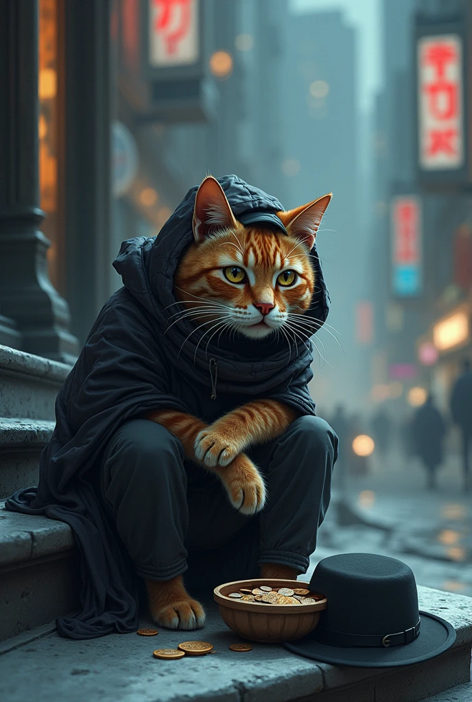 The cat sits on a cold stone step, its tattered clothes now even more worn, with its hat fallen to the ground. Beside it is the broken bowl, containing only a few coins. The background is a city of towering buildings, brightly lit, but to the cat, they seem distant and cold.