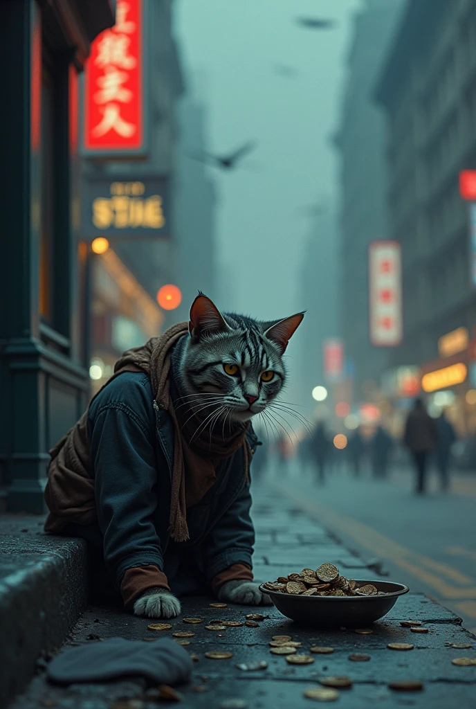 The cat sits on a cold stone step, its tattered clothes now even more worn, with its hat fallen to the ground. Beside it is the broken bowl, containing only a few coins. The background is a city of towering buildings, brightly lit, but to the cat, they seem distant and cold.