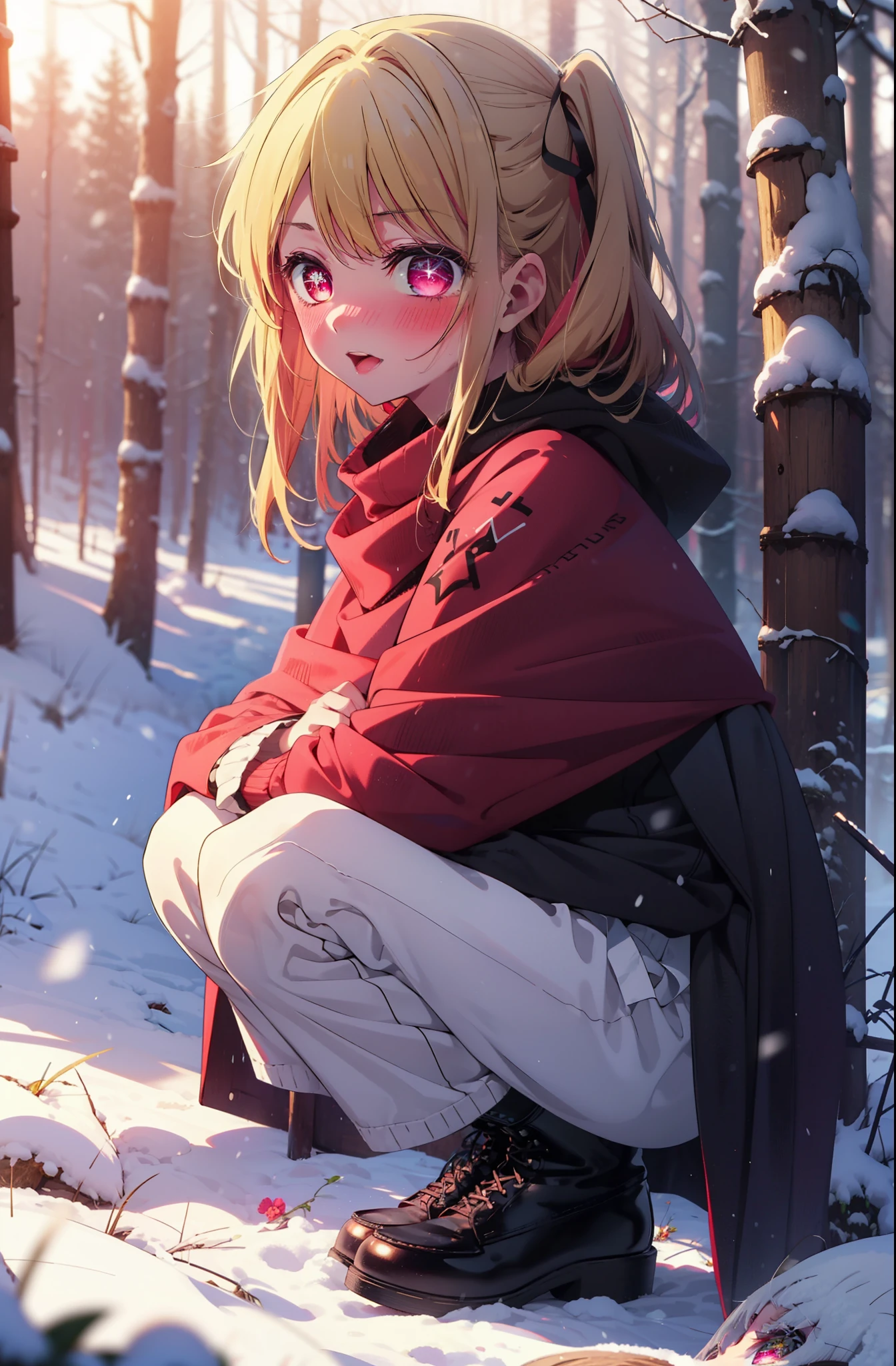 rubyhoshino, Hoshino Ruby, Long Hair, bangs, blonde, (Pink Eyes:1.3), (Symbol-shaped pupil:1.5), Multicolored Hair, Two-tone hair, smile,blush,white breath,
Open your mouth,snow,Ground bonfire, Outdoor, boots, snowing, From the side, wood, suitcase, Cape, Blurred, , forest, White handbag, nature,  Squat, Mouth closed, Cape, winter, Written boundary depth, Black shoes, red Cape break looking at viewer, Upper Body, whole body, break Outdoor, forest, nature, break (masterpiece:1.2), Highest quality, High resolution, unity 8k wallpaper, (shape:0.8), (Beautiful and beautiful eyes:1.6), Highly detailed face, Perfect lighting, Extremely detailed CG, (Perfect hands, Perfect Anatomy),