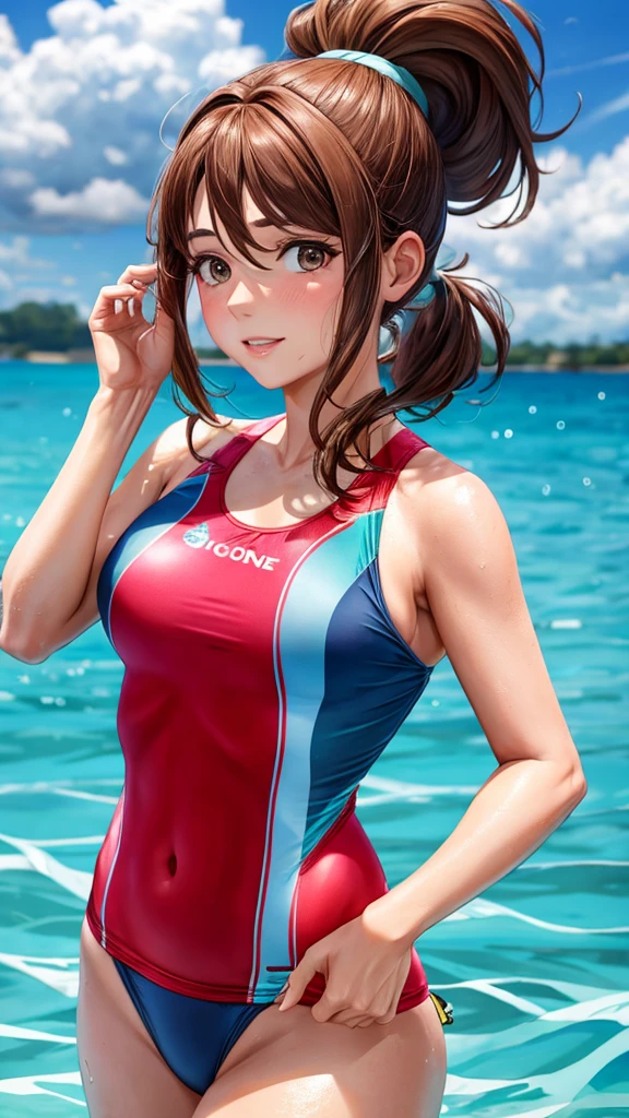 realisticlying、16 year old girl in competition swimsuit、Breasts slightly larger、posterior view、Buttock emphasis、Smile、swimming pools、Sexy Posing、Keep your chest close