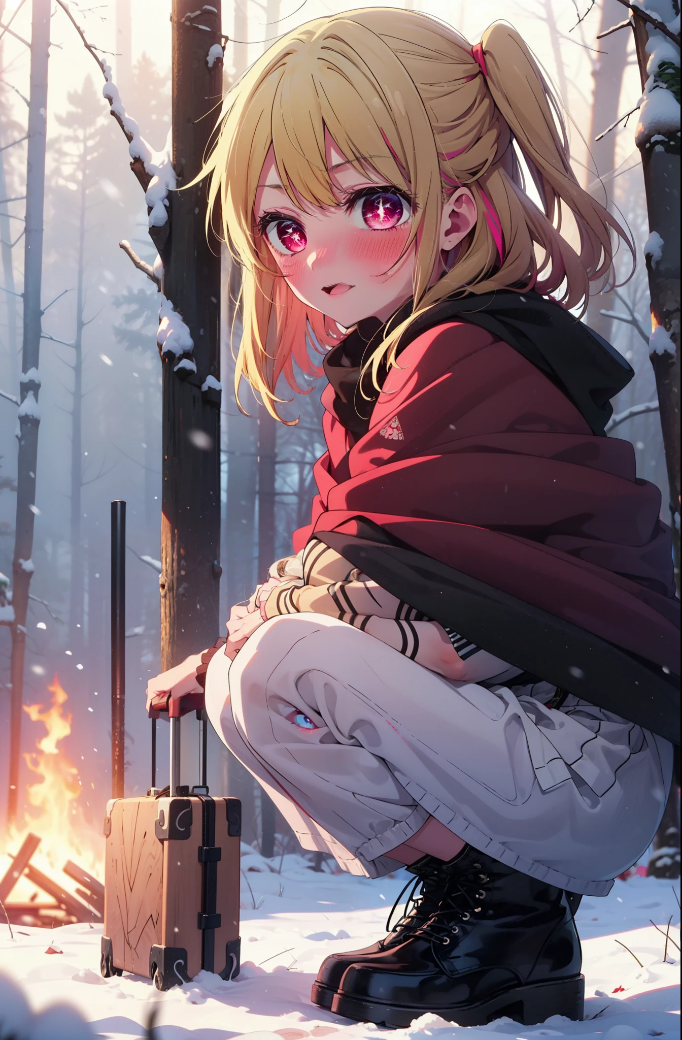 rubyhoshino, Hoshino Ruby, Long Hair, bangs, blonde, (Pink Eyes:1.3), (Symbol-shaped pupil:1.5), Multicolored Hair, Two-tone hair, smile,blush,white breath,
Open your mouth,snow,Ground bonfire, Outdoor, boots, snowing, From the side, wood, suitcase, Cape, Blurred, , forest, White handbag, nature,  Squat, Mouth closed, Cape, winter, Written boundary depth, Black shoes, red Cape break looking at viewer, Upper Body, whole body, break Outdoor, forest, nature, break (masterpiece:1.2), Highest quality, High resolution, unity 8k wallpaper, (shape:0.8), (Beautiful and beautiful eyes:1.6), Highly detailed face, Perfect lighting, Extremely detailed CG, (Perfect hands, Perfect Anatomy),