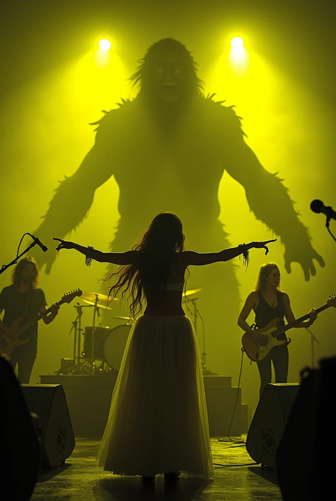 Horror、The band plays with a giant monster behind them、live、A female vocalist with long hair, arms outstretched、Long skirt、liveハウス、Intense yellow stage lighting、A female vocalist in lingerie being handed a microphone by the audience、