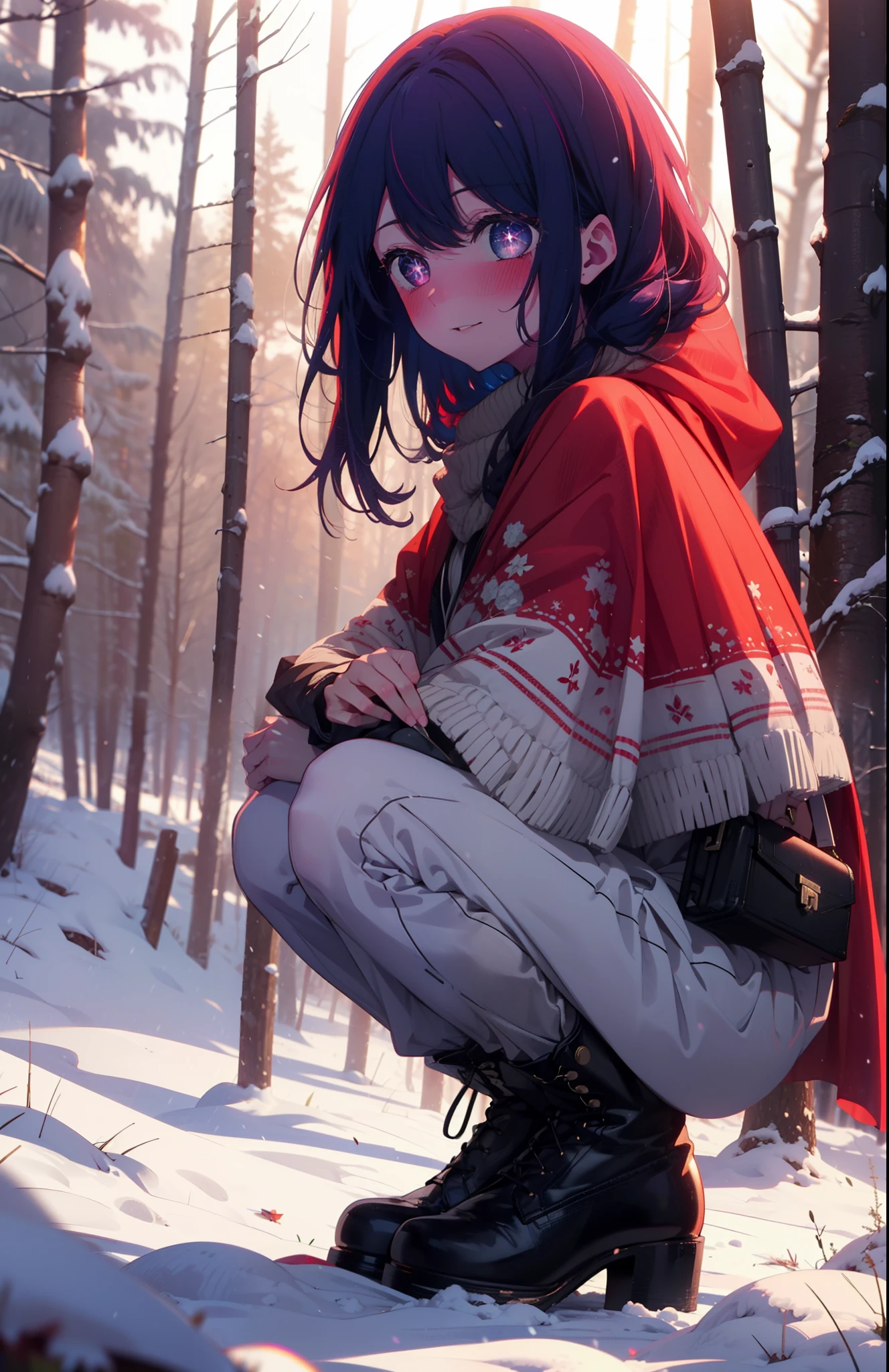 aihoshino, Ai Hoshino, Long Hair, bangs, (Purple eyes:1.1), Purple Hair, (Symbol-shaped pupil:1.5), smile,,smile,blush,white breath,
Open your mouth,snow,Ground bonfire, Outdoor, boots, snowing, From the side, wood, suitcase, Cape, Blurred, , forest, White handbag, nature,  Squat, Mouth closed, Cape, winter, Written boundary depth, Black shoes, red Cape break looking at viewer, Upper Body, whole body, break Outdoor, forest, nature, break (masterpiece:1.2), Highest quality, High resolution, unity 8k wallpaper, (shape:0.8), (Beautiful and beautiful eyes:1.6), Highly detailed face, Perfect lighting, Highly detailed CG, (Perfect hands, Perfect Anatomy),