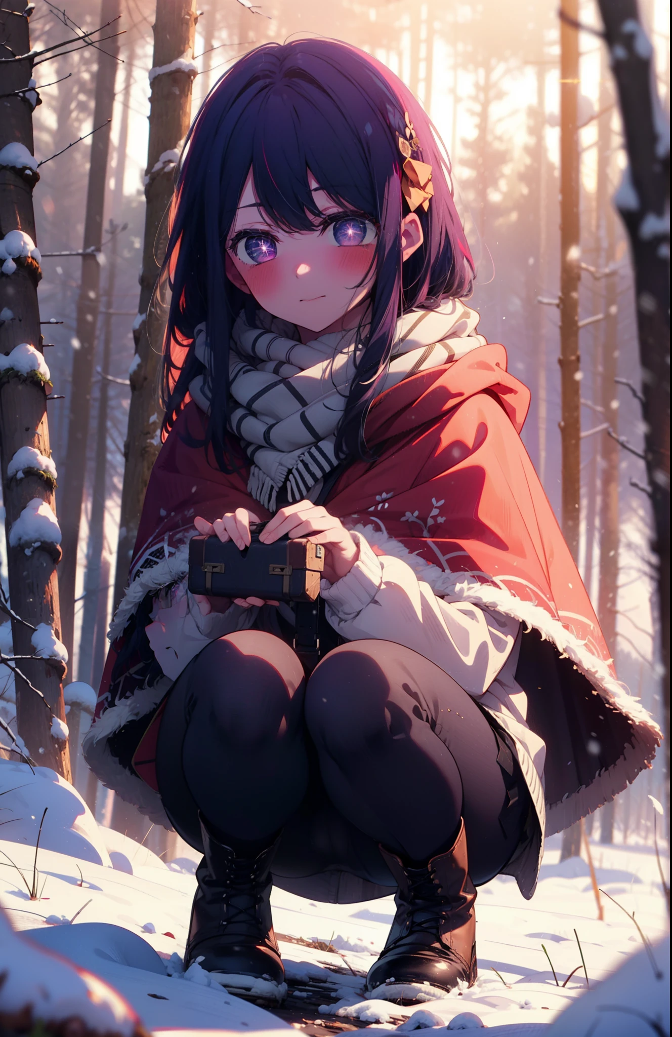 aihoshino, Ai Hoshino, Long Hair, bangs, (Purple eyes:1.1), Purple Hair, (Symbol-shaped pupil:1.5), smile,,smile,blush,white breath,
Open your mouth,snow,Ground bonfire, Outdoor, boots, snowing, From the side, wood, suitcase, Cape, Blurred, , forest, White handbag, nature, Squat, Mouth closed, Cape, winter, Written boundary depth, Black shoes, red Cape break looking at viewer, Upper Body, whole body, break Outdoor, forest, nature, break (masterpiece:1.2), Highest quality, High resolution, unity 8k wallpaper, (shape:0.8), (Beautiful and beautiful eyes:1.6), Highly detailed face, Perfect lighting, Highly detailed CG, (Perfect hands, Perfect Anatomy),