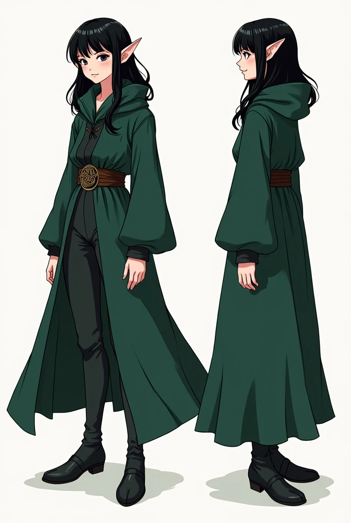 (character sheet),solo,A teen age girl , highlighted black hair, wearing pants ,line art , dark green mage robe,character sheet detailed,3 different angles, highly detailed body parts, elf ears