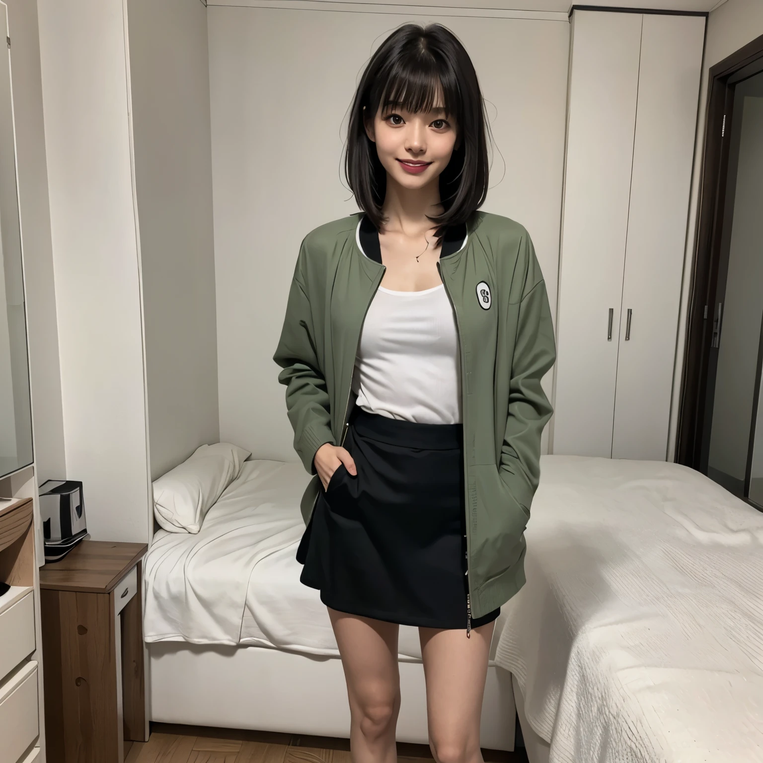 Masterpiece、8k、Very realistic、Japanese、One person、woman、Skinny athletic model body、Flat Chest、tall、whole body、50 years old、(Hairstyle：Bangs(1.6))、In your room at home、The best smile、clothing：Wearing a green jacket over a black camisole and a skirt that is shorter than a miniskirt、