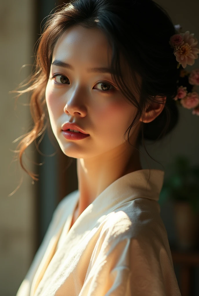 An elegantly dressed Japanese woman in natural light、A close-up of her chest and calm expression.、It shows her inner peace and outer charm.。