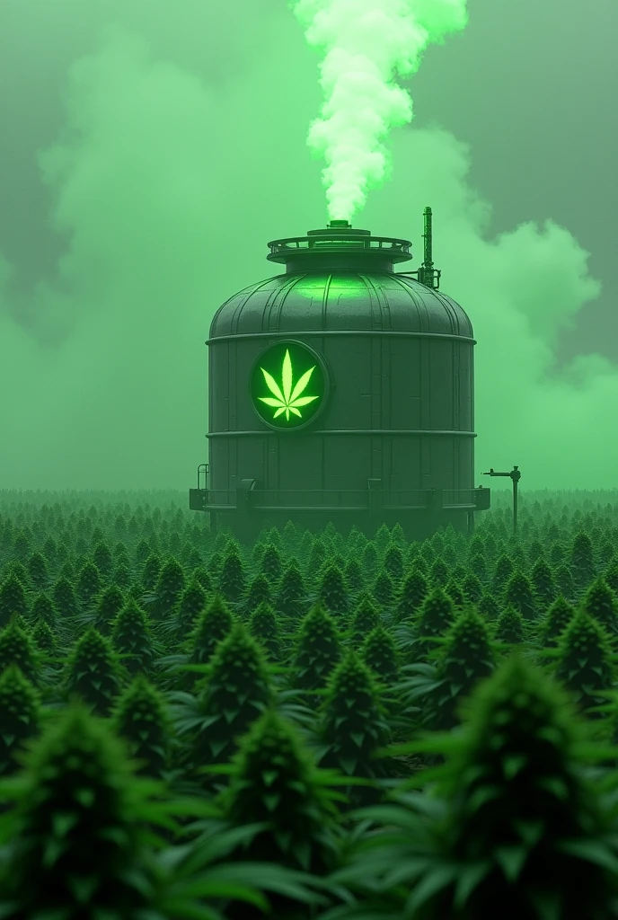 Voici une description détaillée pour ton projet :
Dans cette scène futuriste et captivante, une **mécha bouteille de gaz** occupe le centre de l’image. Cette mécha, imposante et d’apparence industrielle, est fabriquée en métal robuste, avec des détails complexes comme des plaques d'acier, des tuyaux, et des joints articulés. Le corps de la bouteille est décoré d’un **logo de cannabis** lumineux en RGB, mais uniquement dans des nuances de **vert**. Ce logo émet une lueur vive qui contraste avec le métal sombre et texturé de la mécha, attirant immédiatement l’attention.
En arrière-plan, on peut voir un vaste **champ de cannabis** qui s'étend à perte de vue, remplissant la scène de différentes nuances de vert. Les plantes sont hautes et denses, avec des feuilles bien distinctes et des têtes florales en pleine maturité. Le champ est baigné dans une lumière douce, créant une atmosphère à la fois naturelle et paisible.
Survolant la mécha bouteille de gaz, un escadron de **jets en forme de joints** traverse le ciel. Ces avions joints sont stylisés pour ressembler à des avions militaires, mais leur fuselage est en papier à rouler, avec une forme conique typique des joints. Chaque avion est équipé de **petites ailes** et de **réacteurs** à l’arrière, leur permettant de voler en formation comme lors d’un défilé aérien du 14 juillet.
Les avions laissent derrière eux une **traînée de fumée verte** épaisse, rappelant la vapeur de cannabis. Cette traînée est ornée de **petites fleurs de cannabis** et de **feuilles de cannabis. La fumée verte s'étend gracieusement, créant des motifs fluides et dynamiques qui se mélangent harmonieusement au paysage verdoyant en dessous.
Cette scène fusionne habilement des éléments mécaniques et naturels, avec une forte imagerie liée à la culture du cannabis, tout en incorporant une touche festive et patriotique avec le défilé aérien des avions joints.