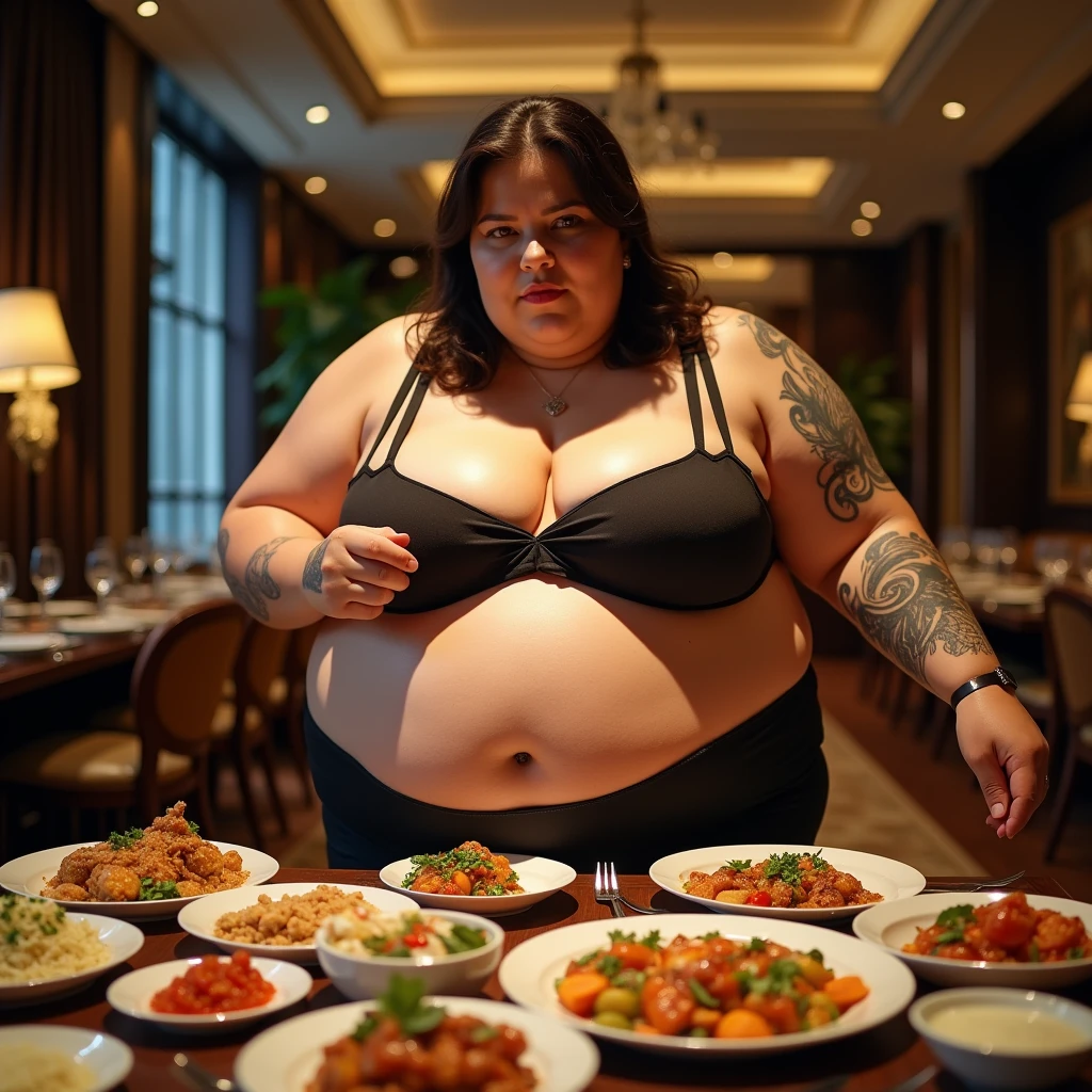 A plus size model woman is obese and overweight, weighing 150kg, with a lot of belly fat, she gained weight by eating too much, an obese plus size model with a very large belly, her belly is bulging and covered with a lot of fat, she has a saggy belly and a tattoo around her navel, she is eating buffet in a luxury hotel, 4K quality, low angle