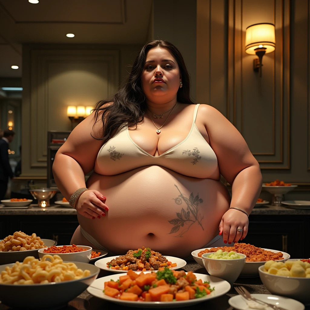 A plus size model woman is obese and overweight, weighing 150kg, with a lot of belly fat, she gained weight by eating too much, an obese plus size model with a very large belly, her belly is bulging and covered with a lot of fat, she has a saggy belly and a tattoo around her navel, she is eating buffet in a luxury hotel, 4K quality, low angle