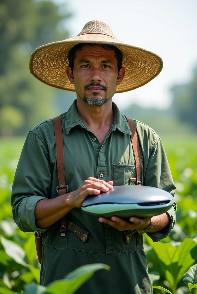 The farmer, wearing a straw hat, faces forward and holds a modern agricultural technology device. Pertanian 4.0