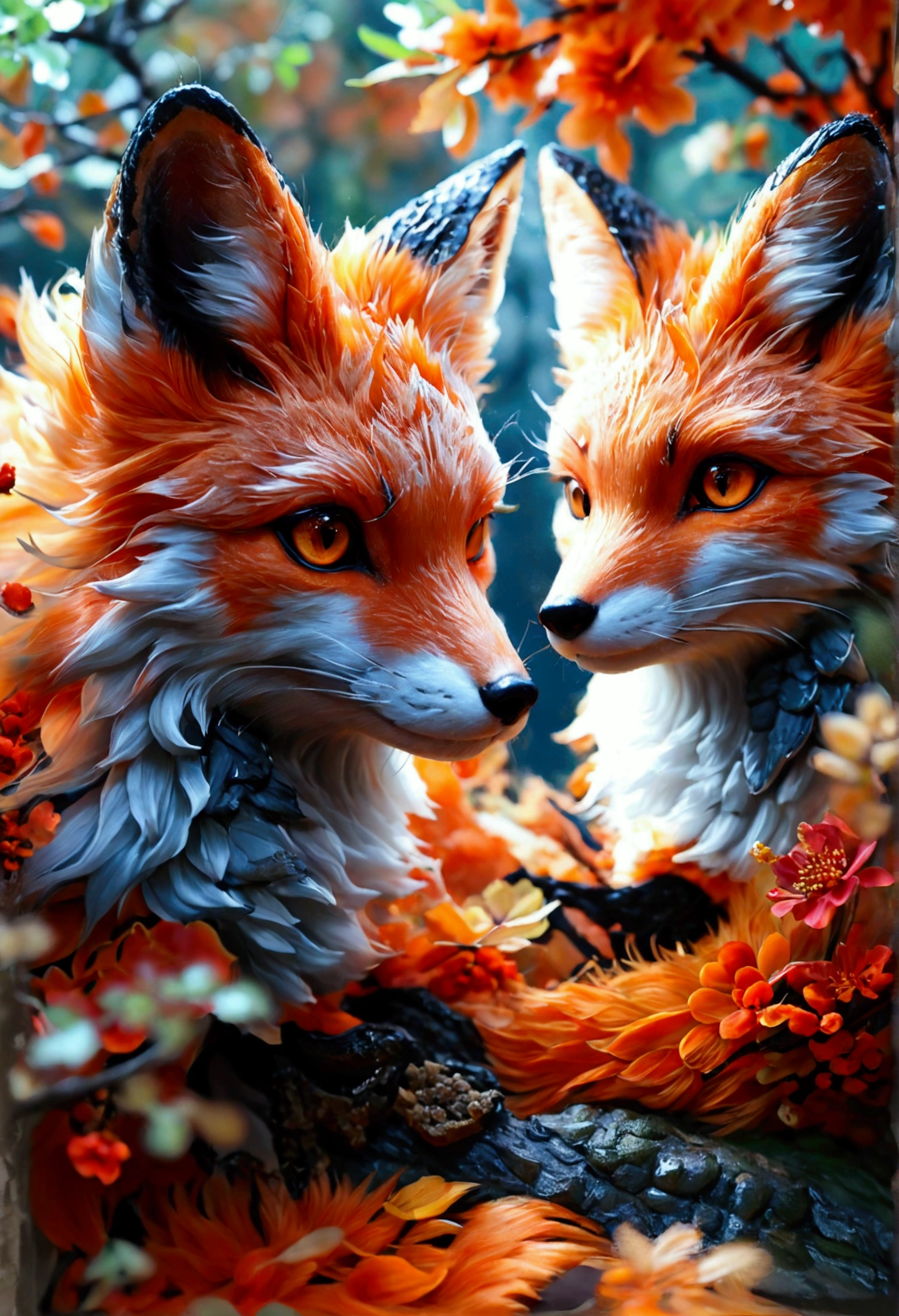 Two nine-tailed foxes shrine maiden