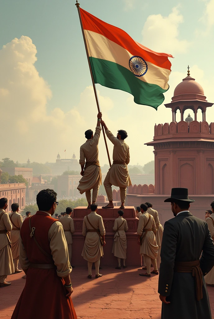 Indians raising indian flag on red fort in front of British rulers
