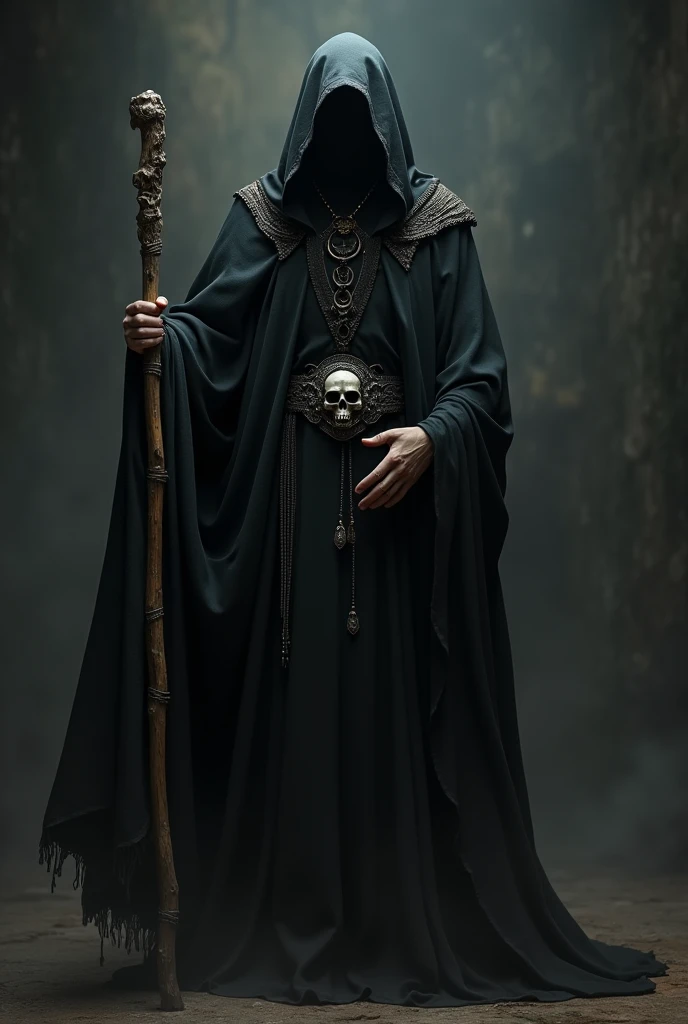 A woman with a hood and rags covering her private parts with skeletal hands holding a 1,50 mt