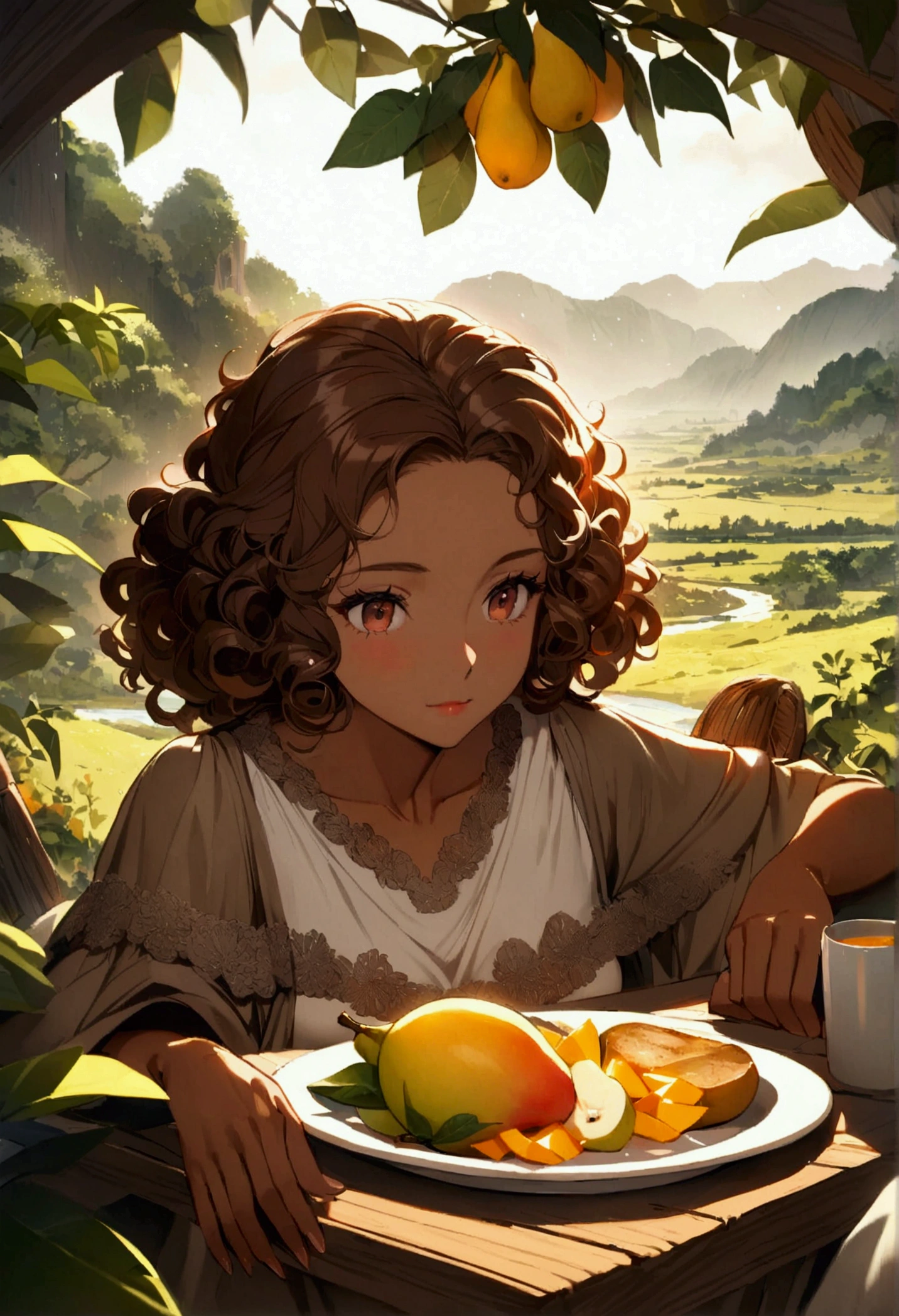 Image that represents very well a brunette girl with brown skin, curly hair (not just wavy), long and passing much of the shoulder and stuck, having breakfast with mango and pear fruit,bread and orange juice in a Nature landscape