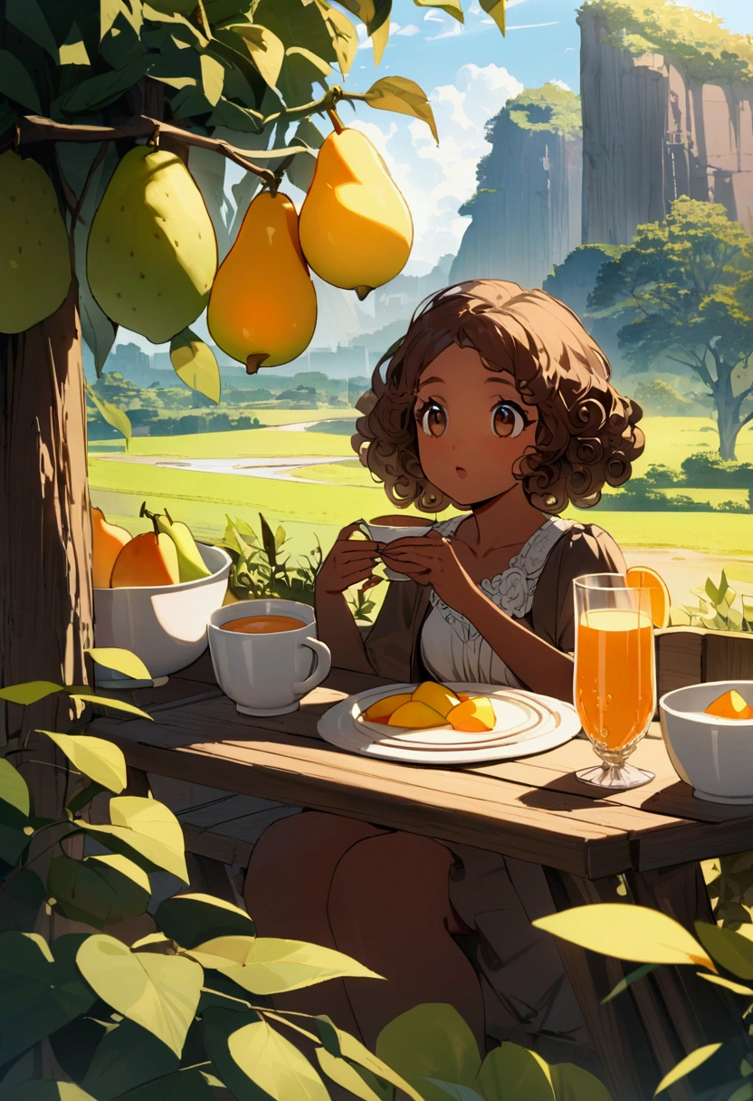 Image that represents very well a brunette girl with brown skin, curly hair (not just wavy), long and passing much of the shoulder and stuck, having breakfast with mango and pear fruit,bread and orange juice in a Nature landscape