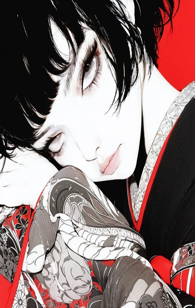a woman with her eyes closed is looking away from the camera with her arm covering her face, black hair, solo, red eyes, short hair, japanese clothes, looking at viewer